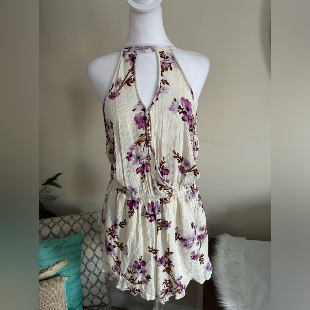Floral Halter Jumpsuit - Cream and Purple